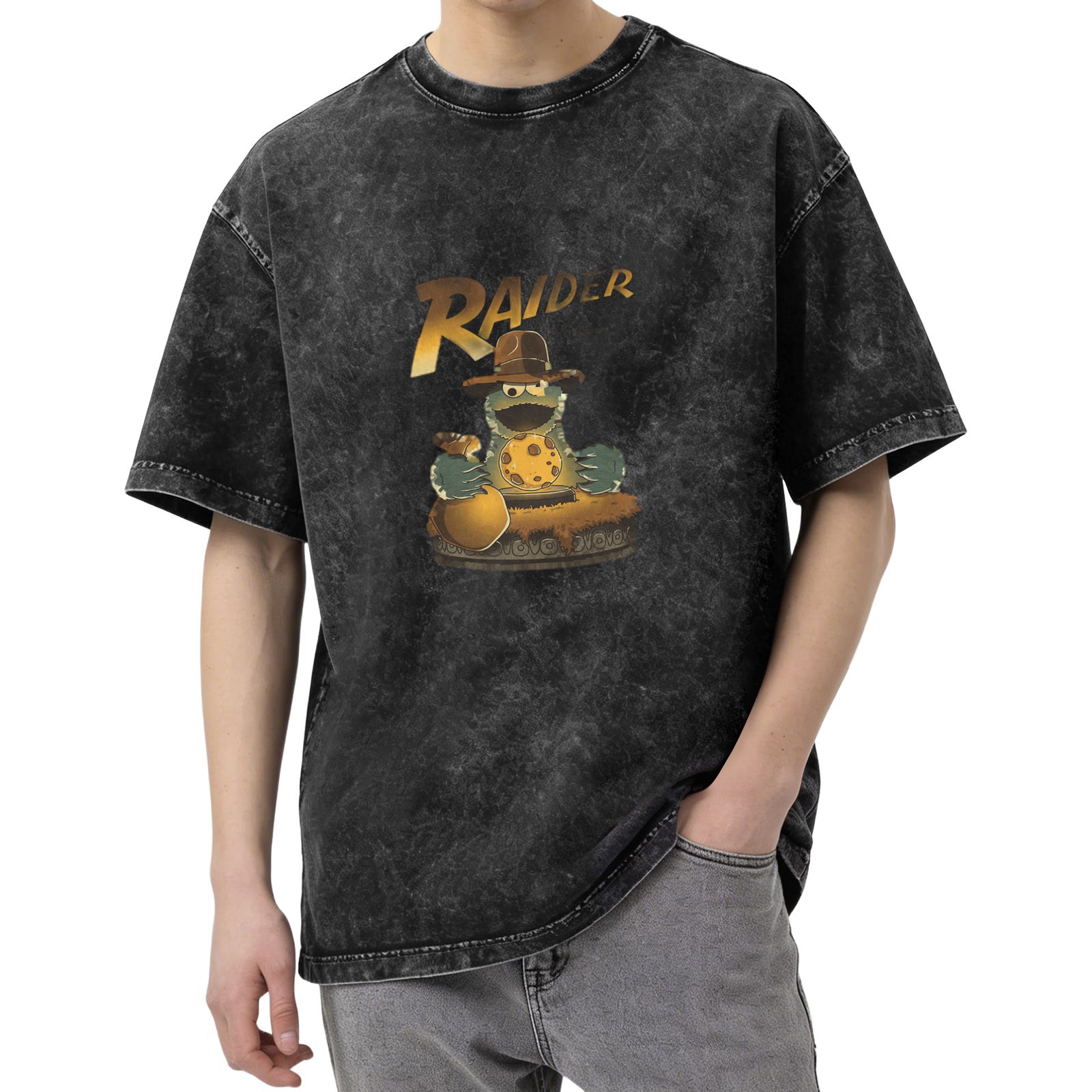 Washed black t-shirt with Cookie Monster Raiders graphic print