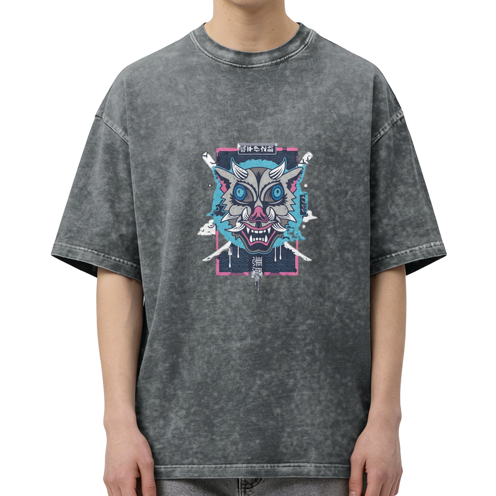 Washed Black Oversized T-Shirt With Japanese Demon Mask Graphic