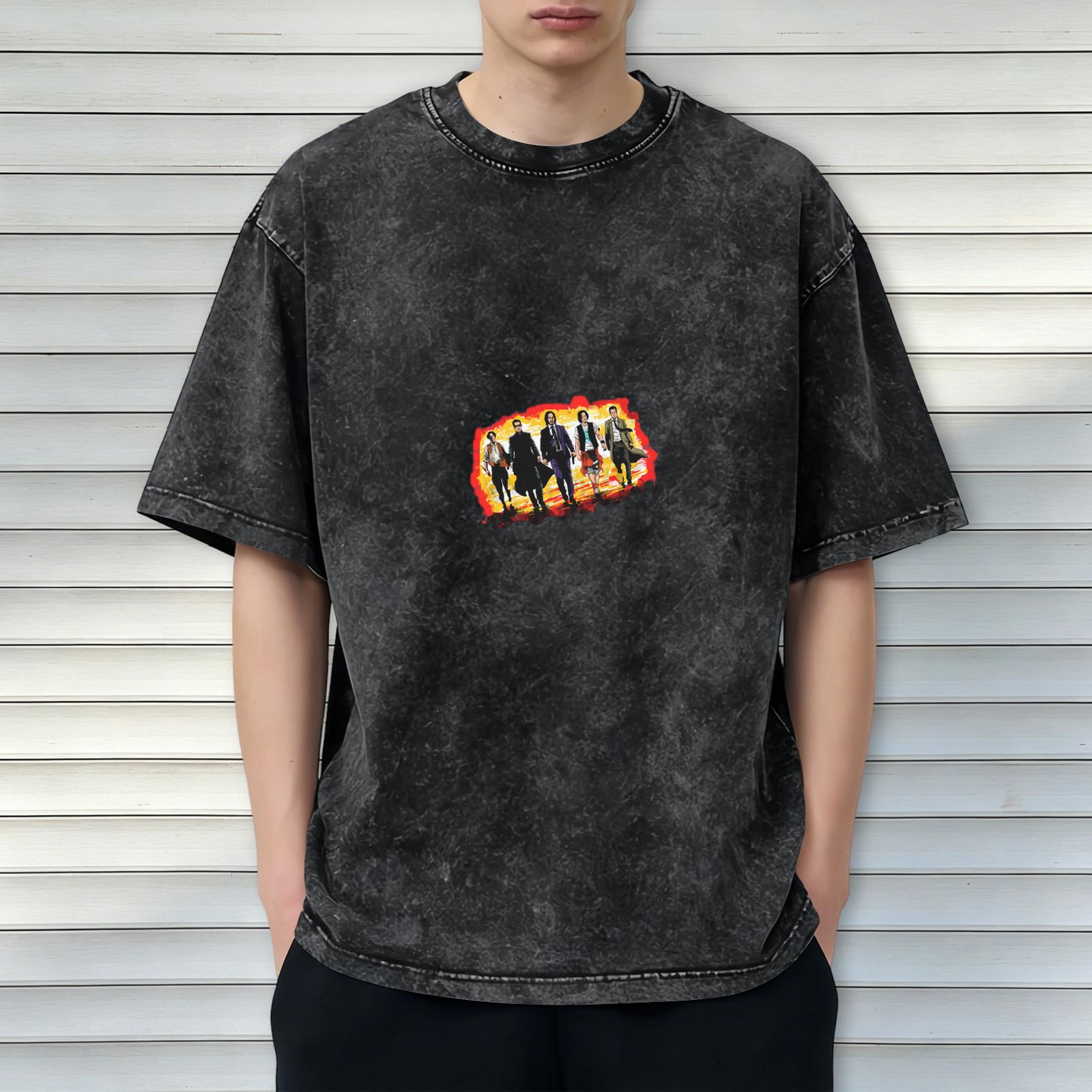 Distressed washed black loose short-sleeved T-shirt with film and television character prints