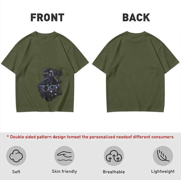 Olive Green T-Shirt With Dark Night Scene Graphic Print