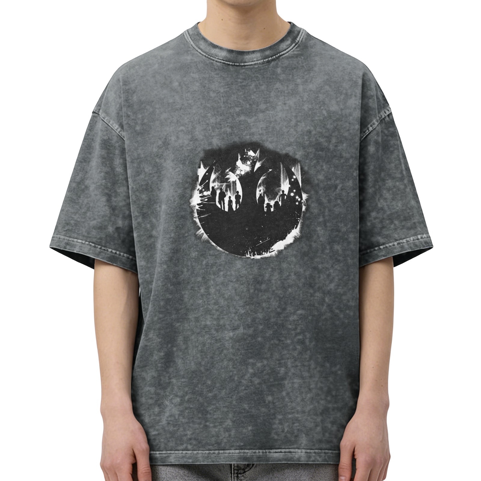 Distressed black round neck short-sleeved T-shirt Star Wars themed printed loose top