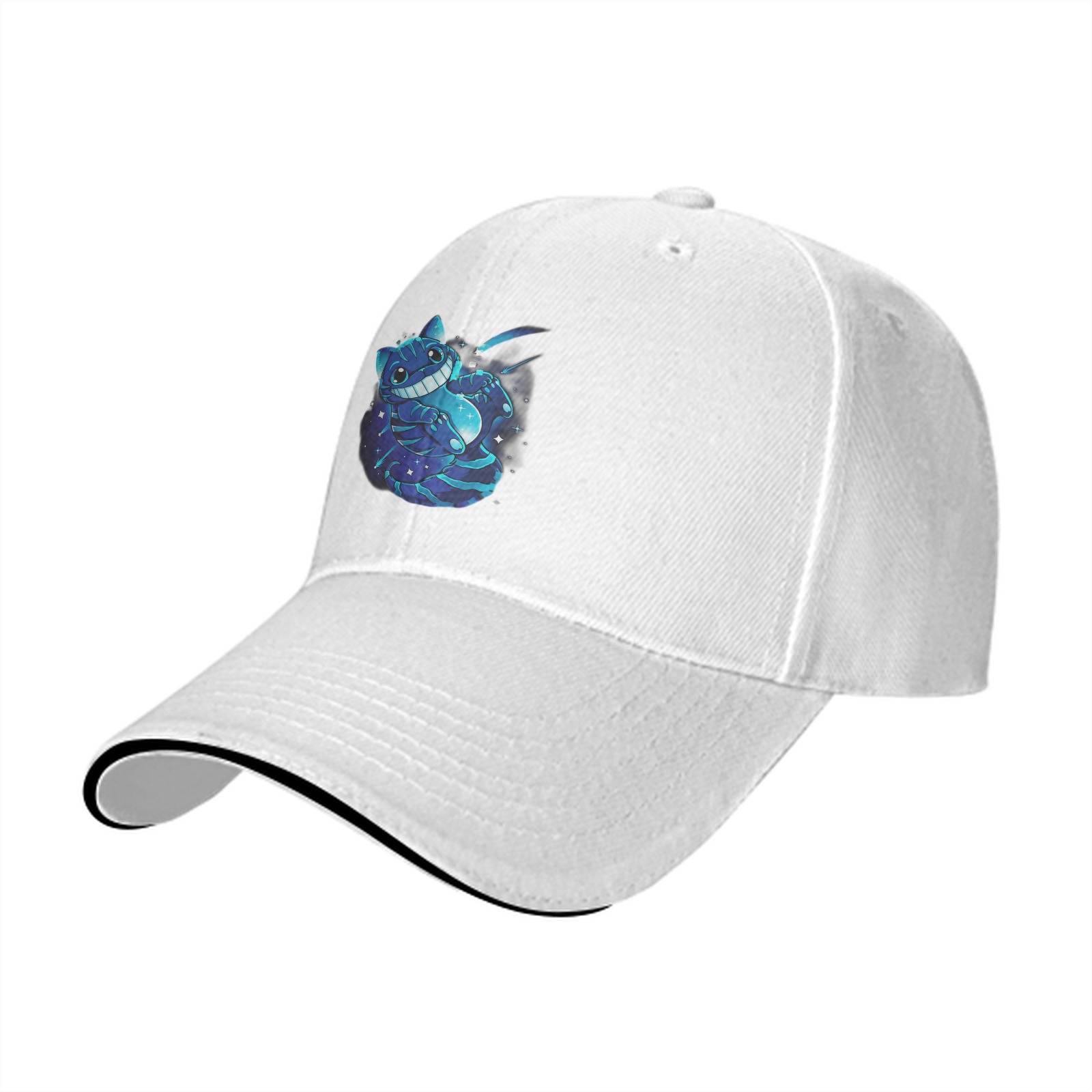 Black baseball cap with glowing Cheshire cat space graphic