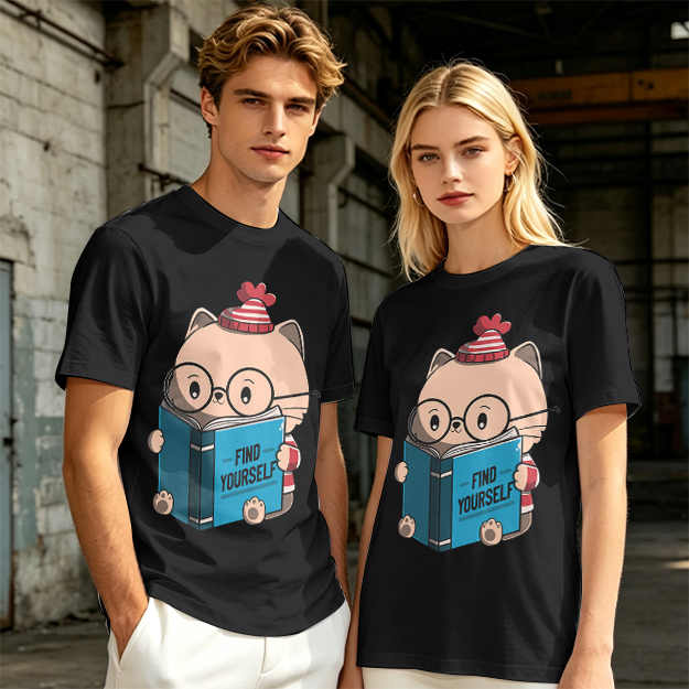 Olive T-shirt with Cute Reading Cat Graphic 'Find Yourself'