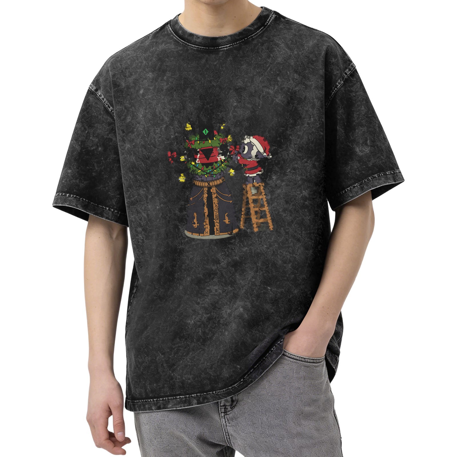 Washed Black T-Shirt With Cute Christmas Character Decorating Artwork
