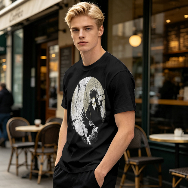 Olive T-shirt with Dark Anime Character and Raven Print