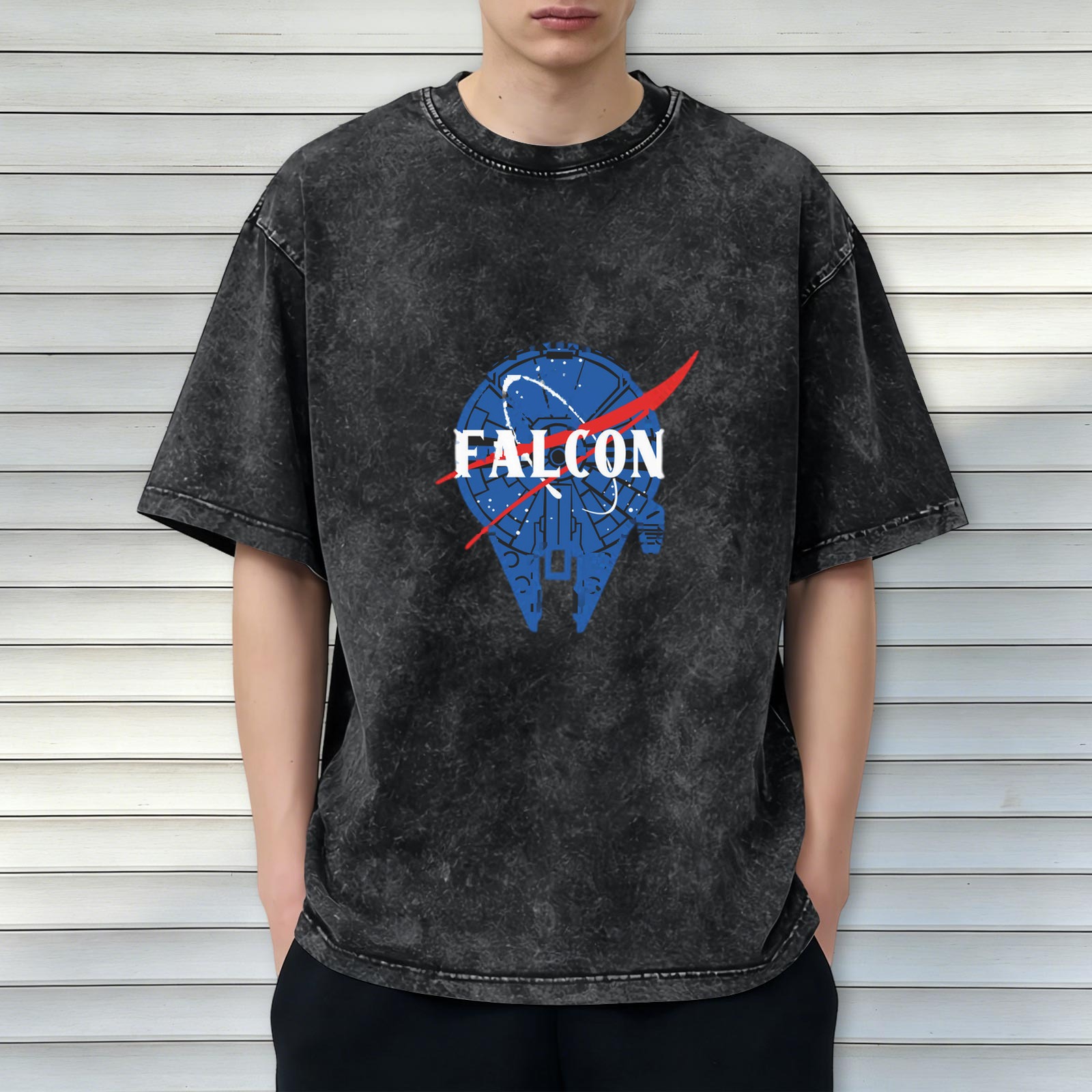 Distressed black Star Wars Millennium Falcon NASA style printed short-sleeved T-shirt Loose washed crew neck top