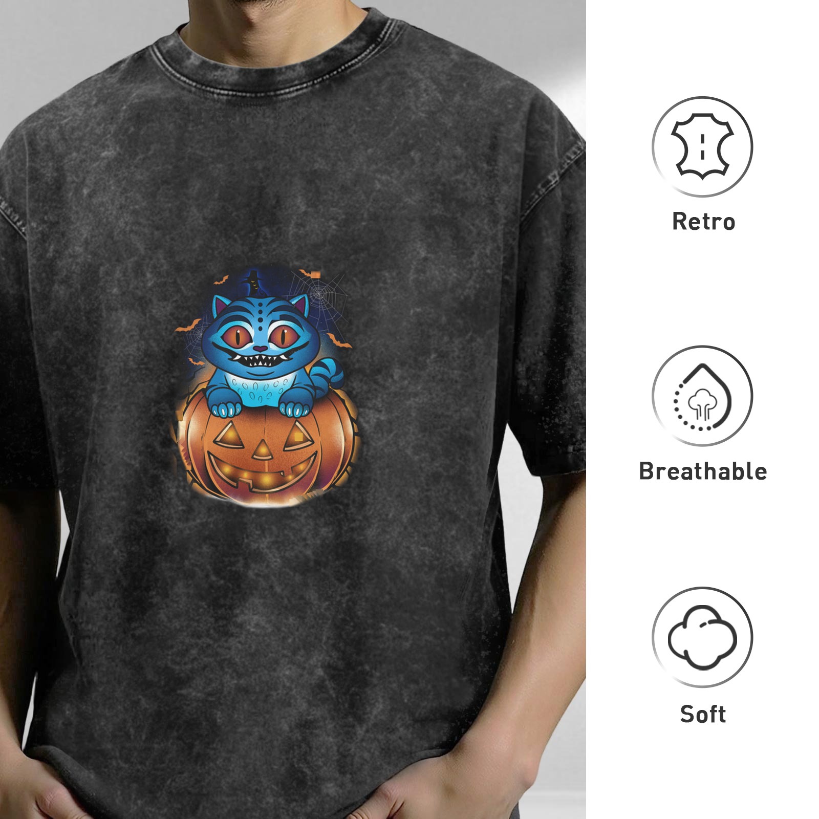 Oversized Dark Wash T-Shirt With Cheshire Cat Jack-O'-Lantern Graphic