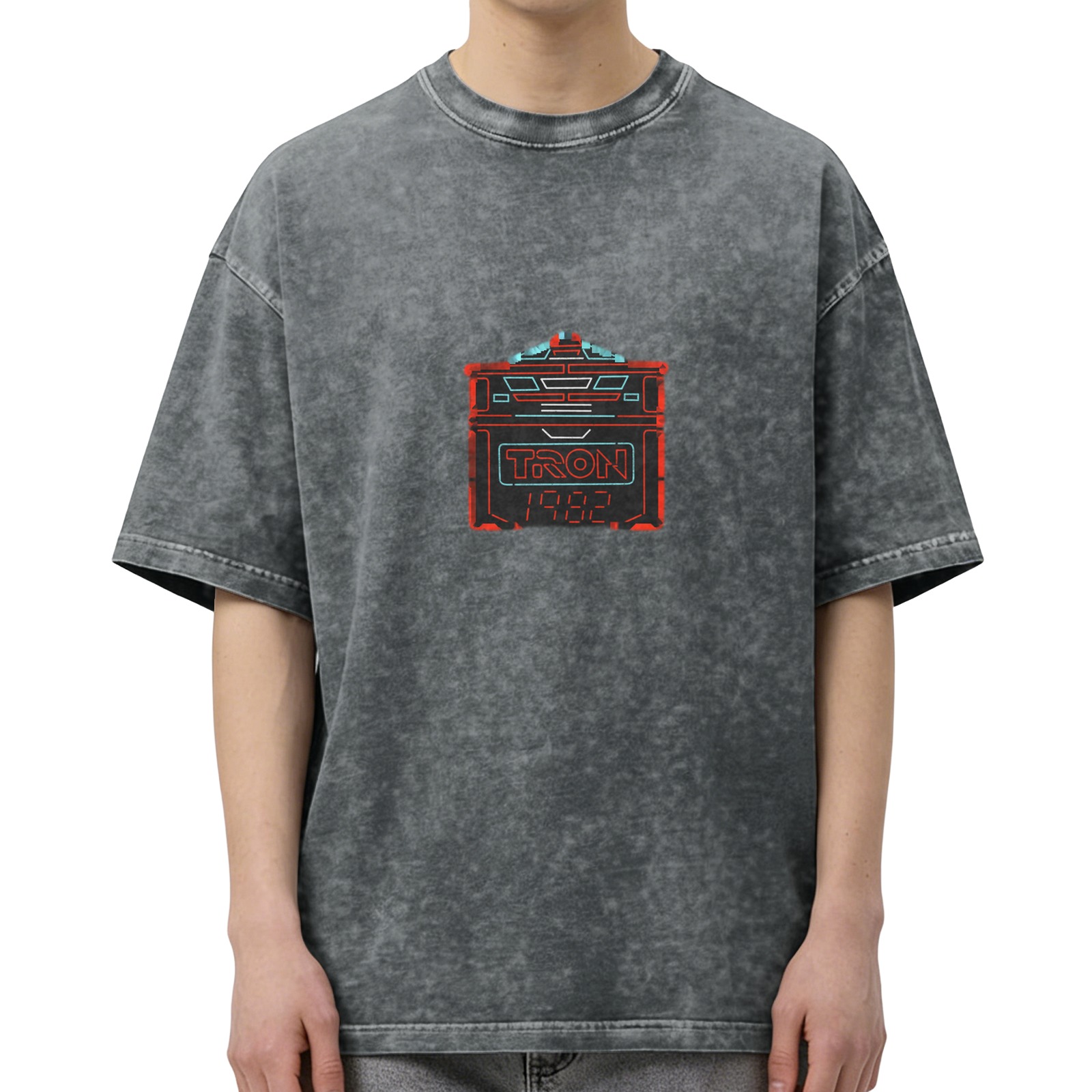 Retro washed black loose short-sleeved T-shirt TRON 1982 themed printed distressed top