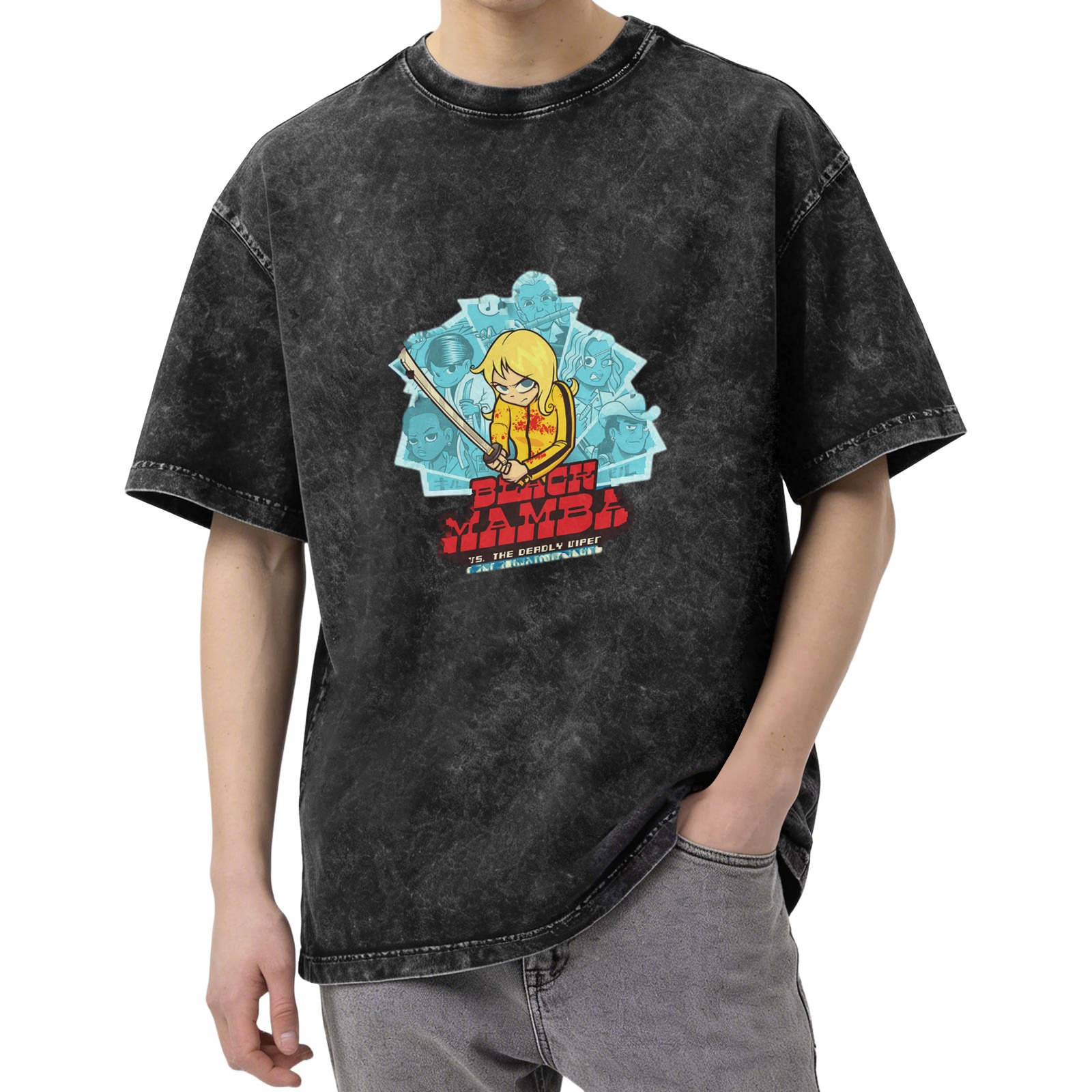 Washed distressed black short-sleeved T-shirt Kill Bill themed cartoon print Black Mamba pattern top