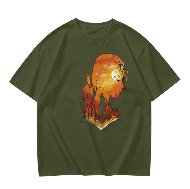 Olive T-Shirt with Sunset Lion Silhouette Graphic Print