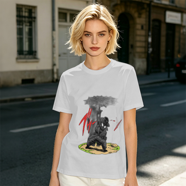 Olive T-shirt with Dark Umbrella-Wielding Character Graphic
