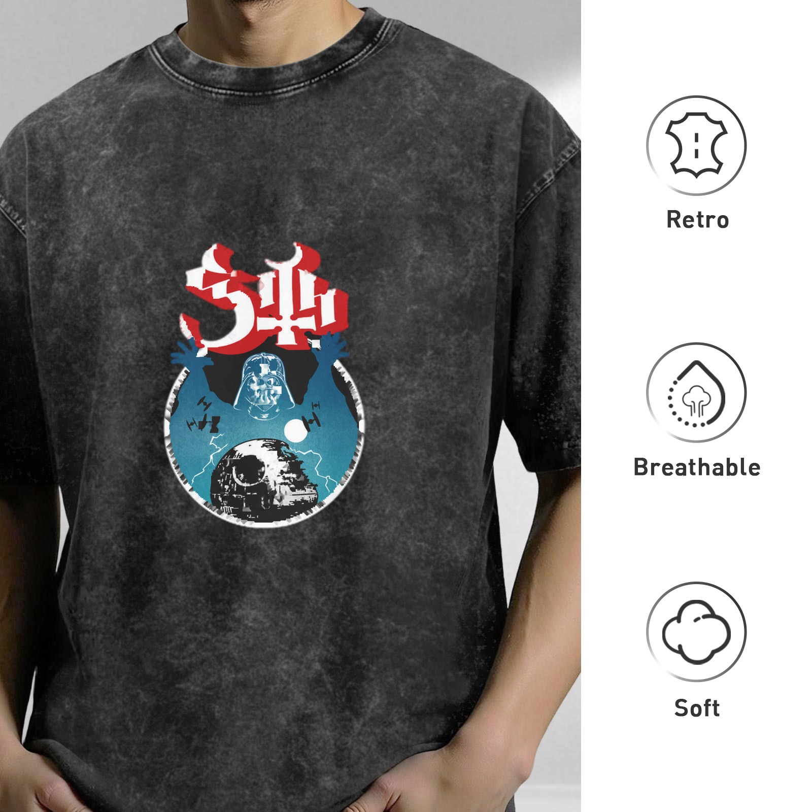 Oversized Acid Wash Graphic T-Shirt with Star Wars Darth Vader & Death Star Print