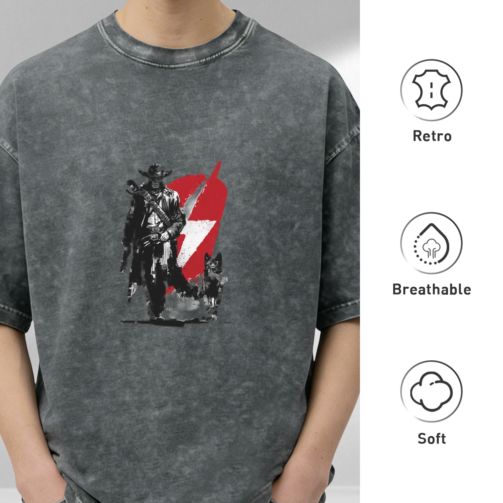 Distressed washed black loose short-sleeved T-shirt with retro pirate style graphic print