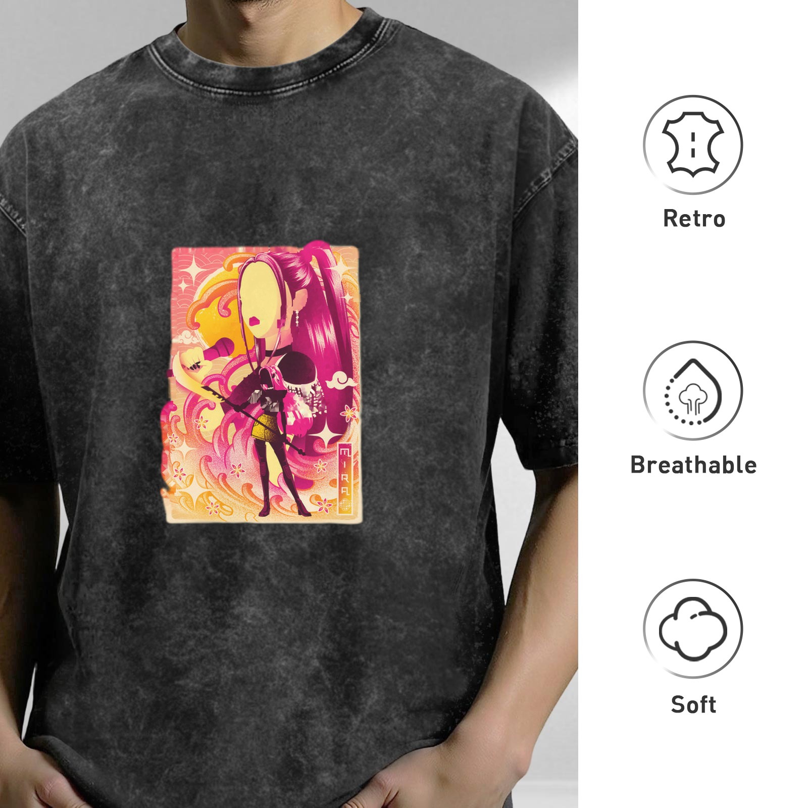 Oversized Acid Wash T-Shirt With Anime Style Graphic Print