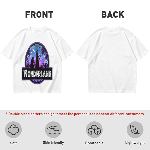 Olive green t-shirt with Wonderland fantasy castle graphic print