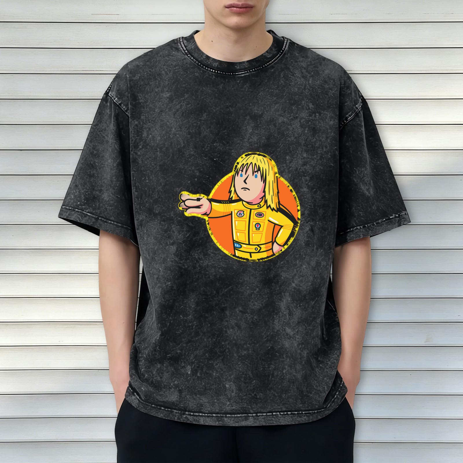 Oversized dark washed t-shirt with cartoon action figure graphic