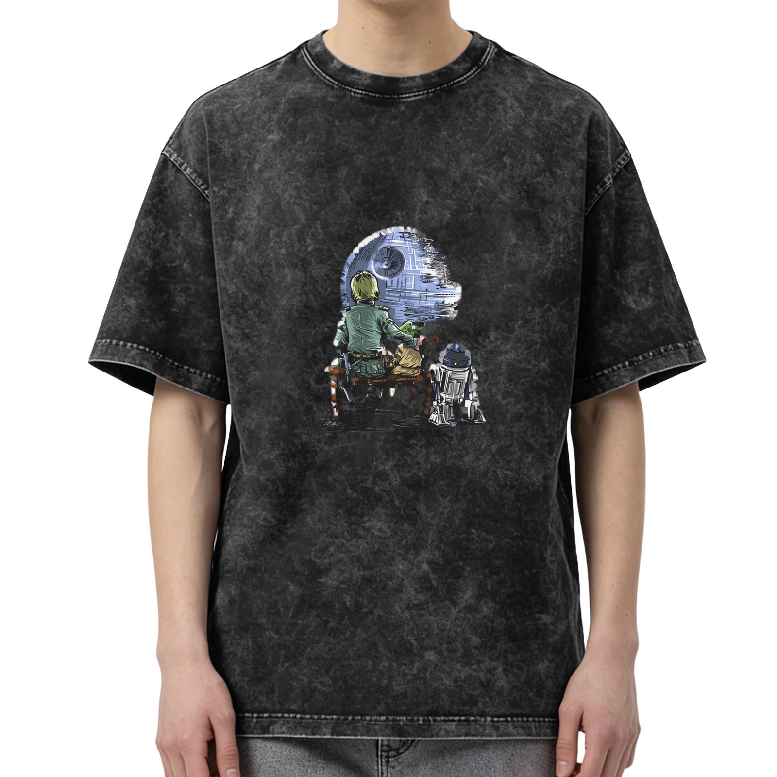 Star Wars themed acid-washed short-sleeve T-shirt with Death Star, Luke Skywalker and R2-D2 graphic print