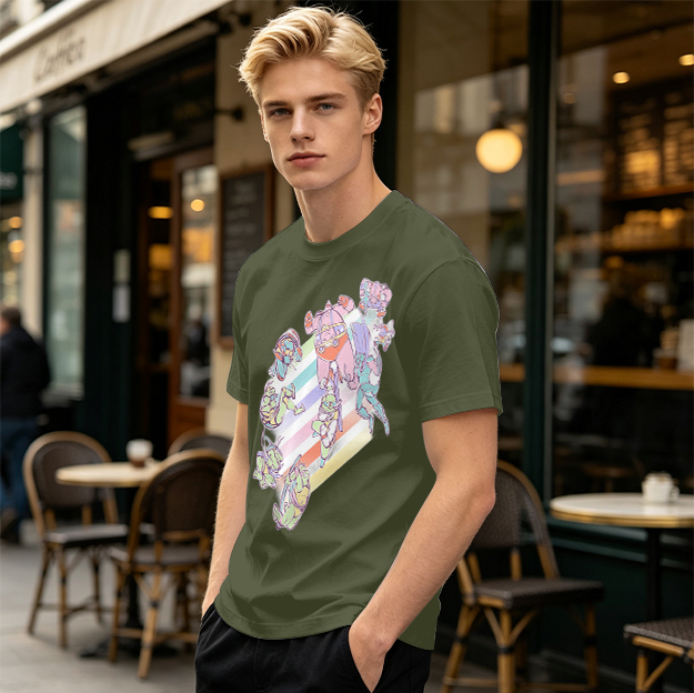 Olive Green T-Shirt With Pastel Whimsical Character Art Print