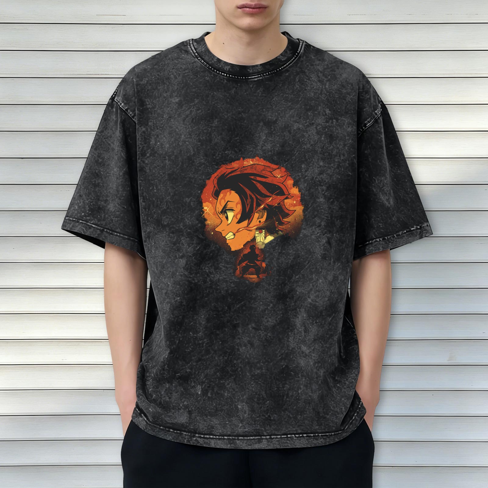 Oversized Washed Anime Demon Slayer T-Shirt with Fire Character Print