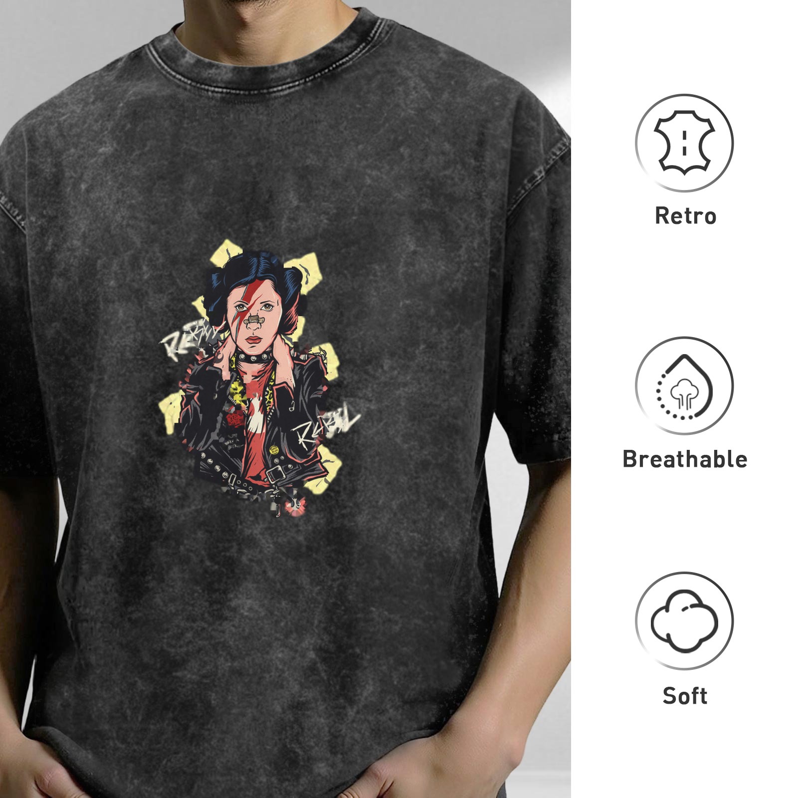 Oversized Acid Wash T-Shirt With Punk Rebel Graphic Print