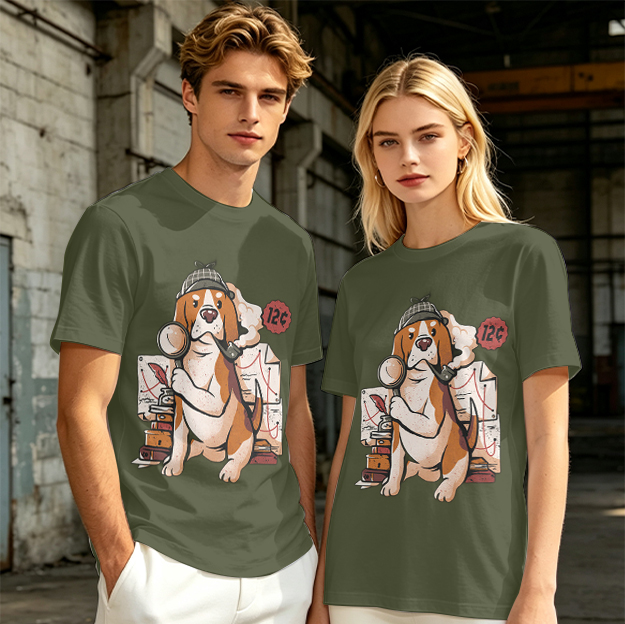 Olive T-Shirt With Cartoon Detective Beagle Dog Print
