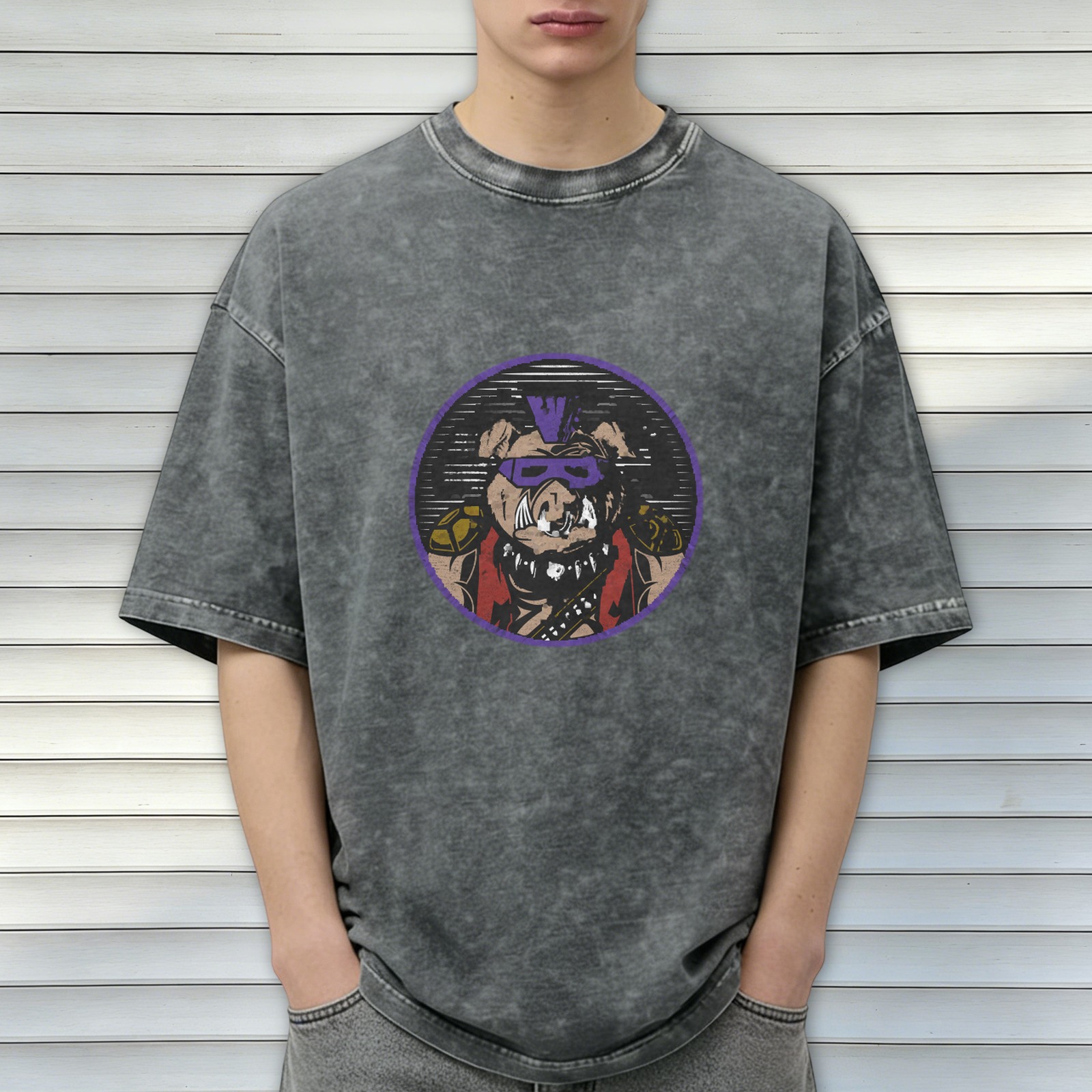 Washed Black Oversized T-Shirt With Retro Pig Villain Graphic Print