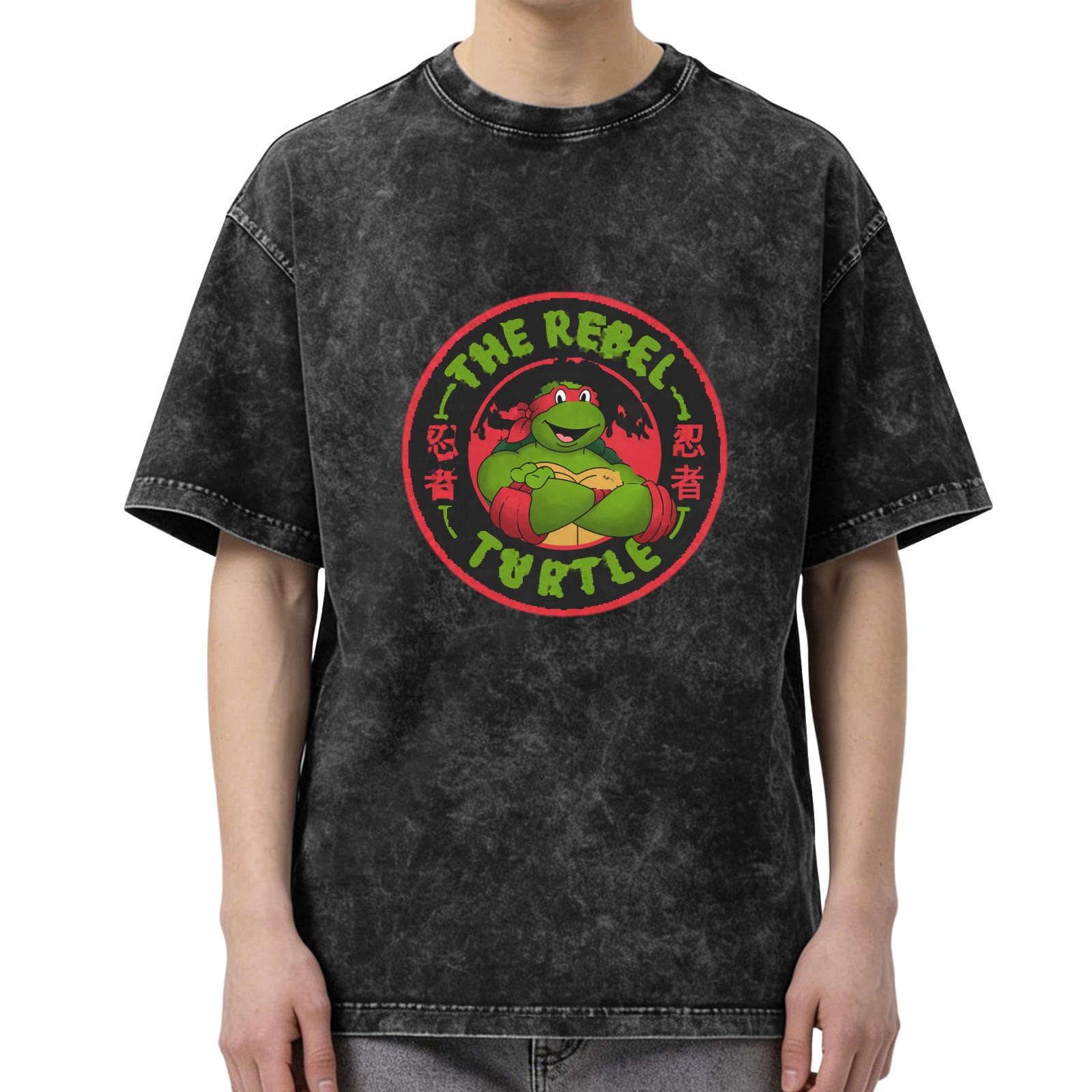 Washed black t-shirt with Teenage Mutant Ninja Turtle Rebel Turtle graphic