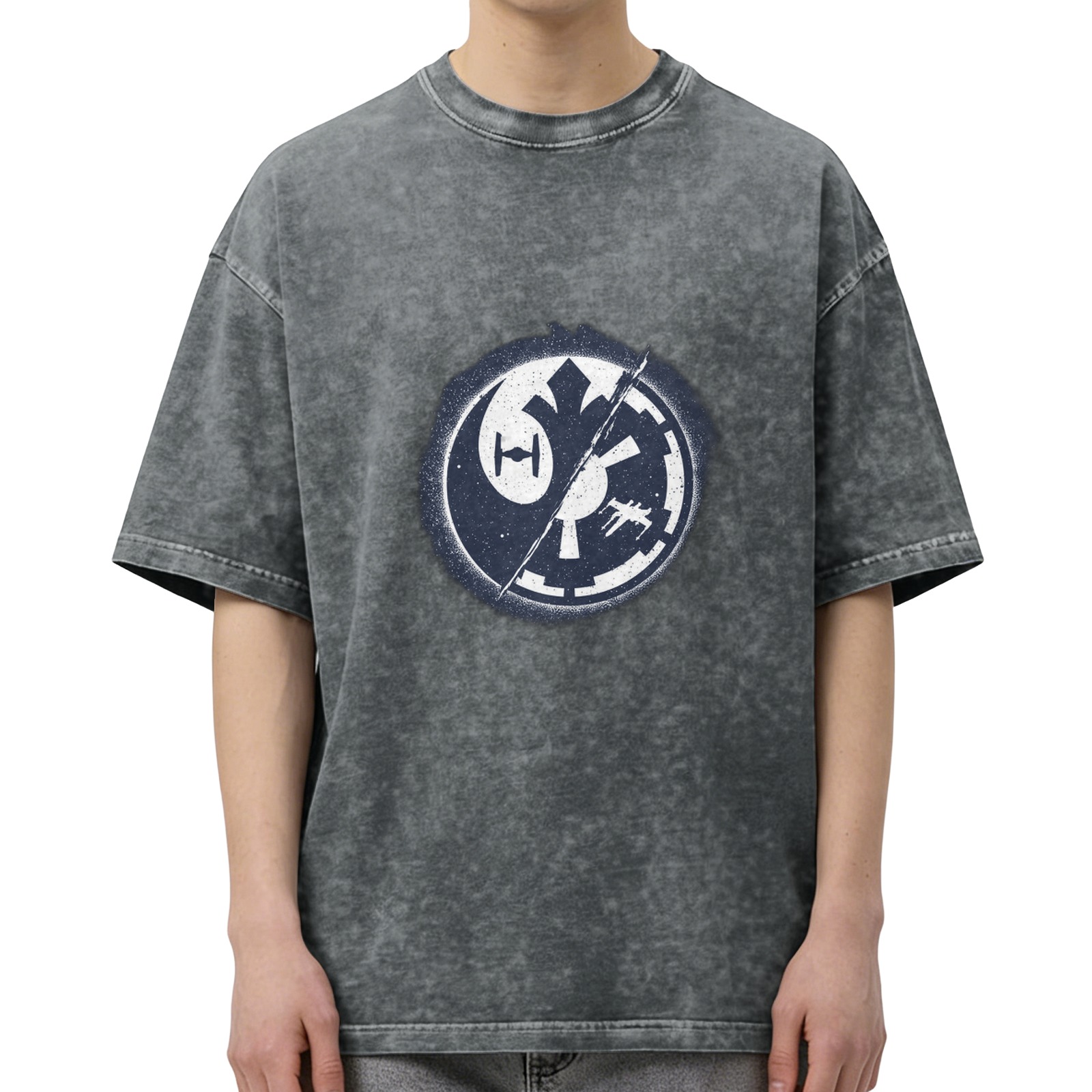 Star Wars themed acid wash short-sleeve T-shirt with Rebel and Imperial faction emblem graphic design