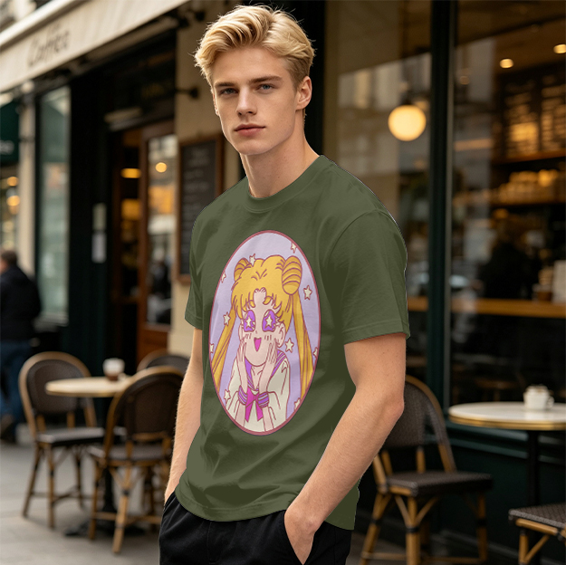 Olive T-shirt with excited anime girl star eyes graphic