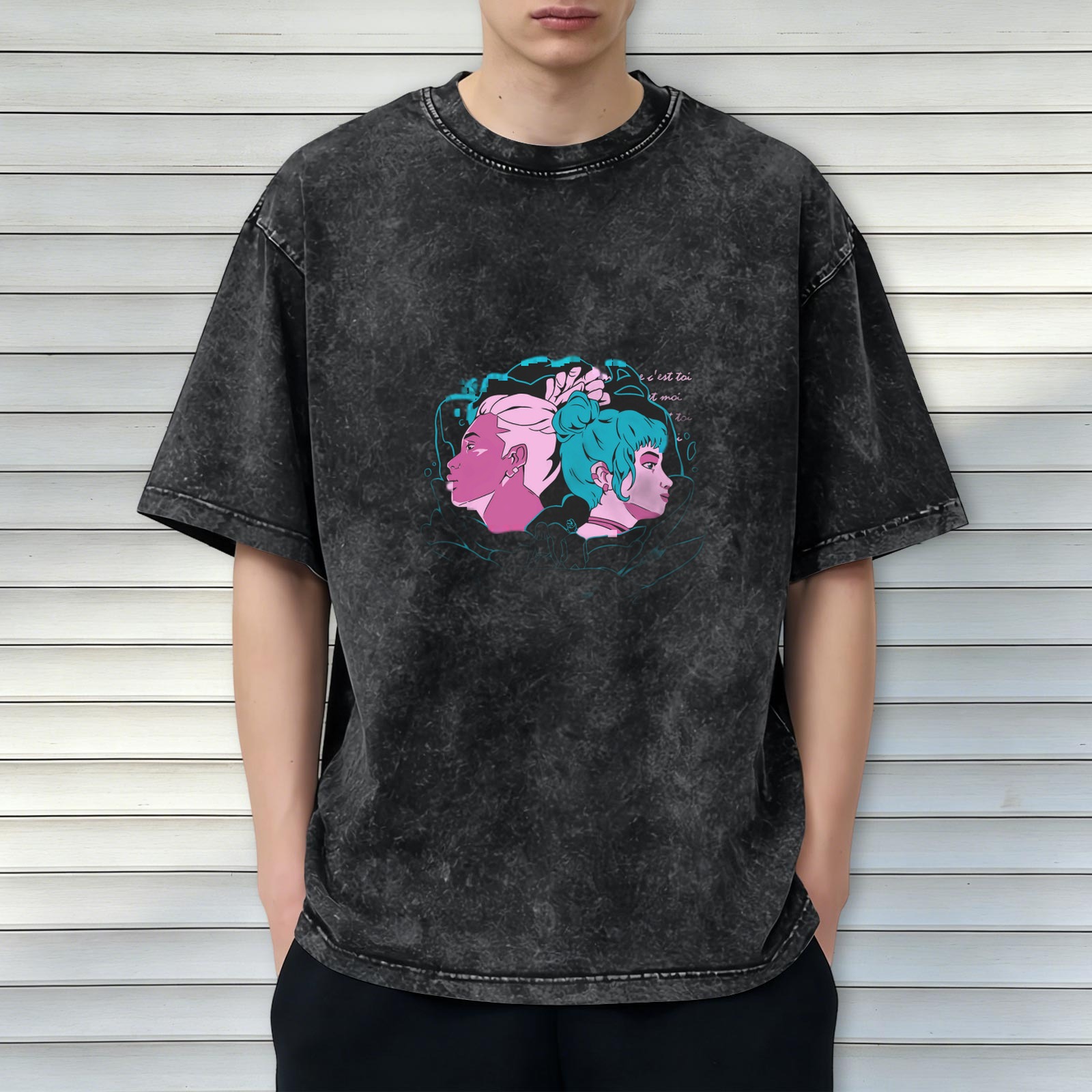Oversized Acid Wash T-Shirt With Retro Anime Style Graphic Print