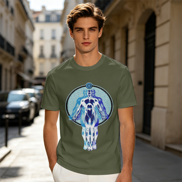 Olive T-Shirt with Glowing Blue Superhero Figure Graphic
