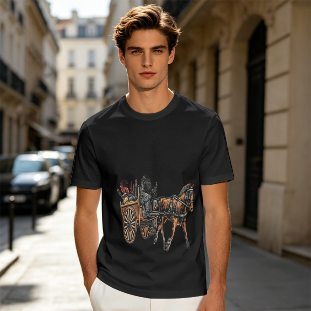 Olive T-Shirt With Horse Drawn Cart Graphic Print
