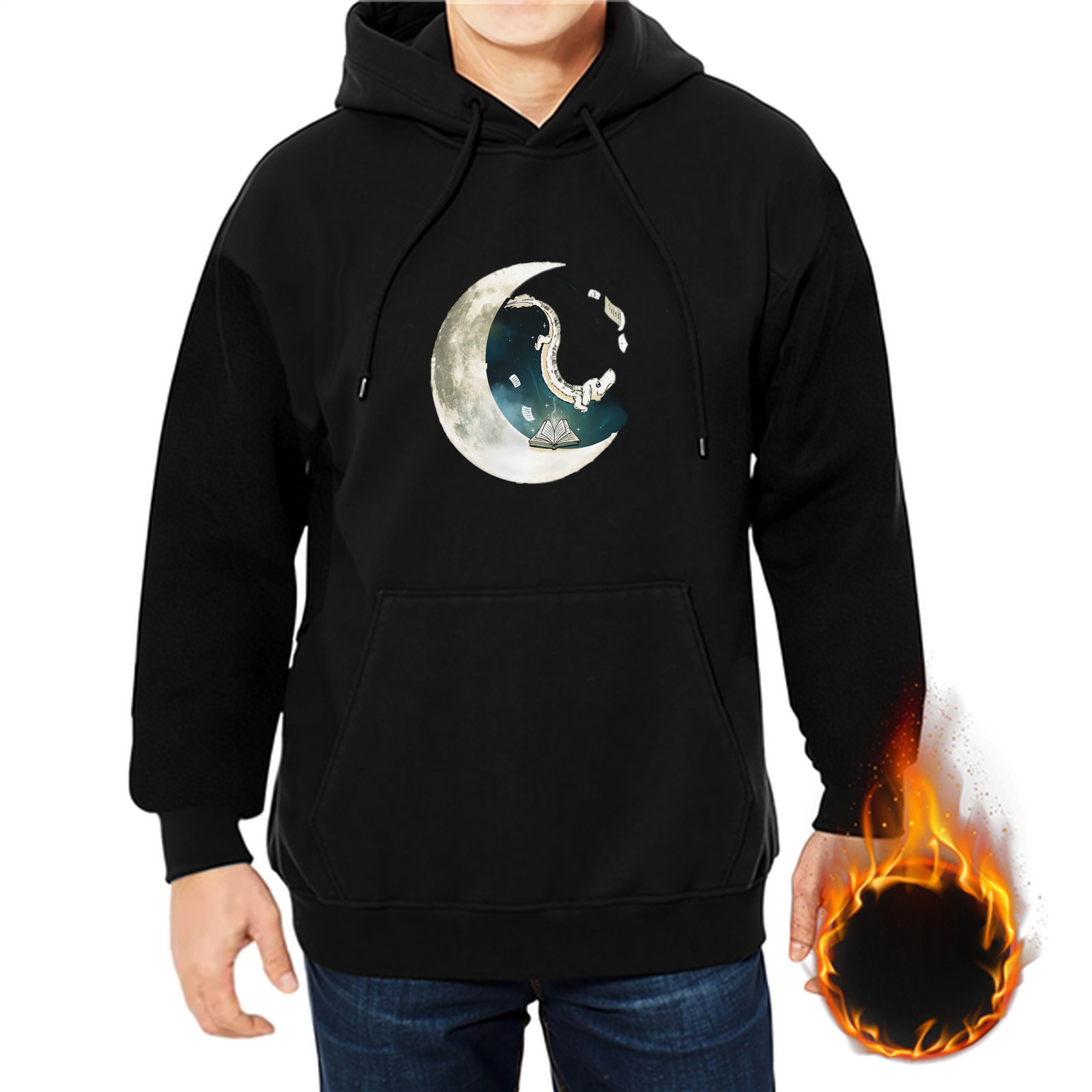 Black Hoodie With Crescent Moon Wave Art Print