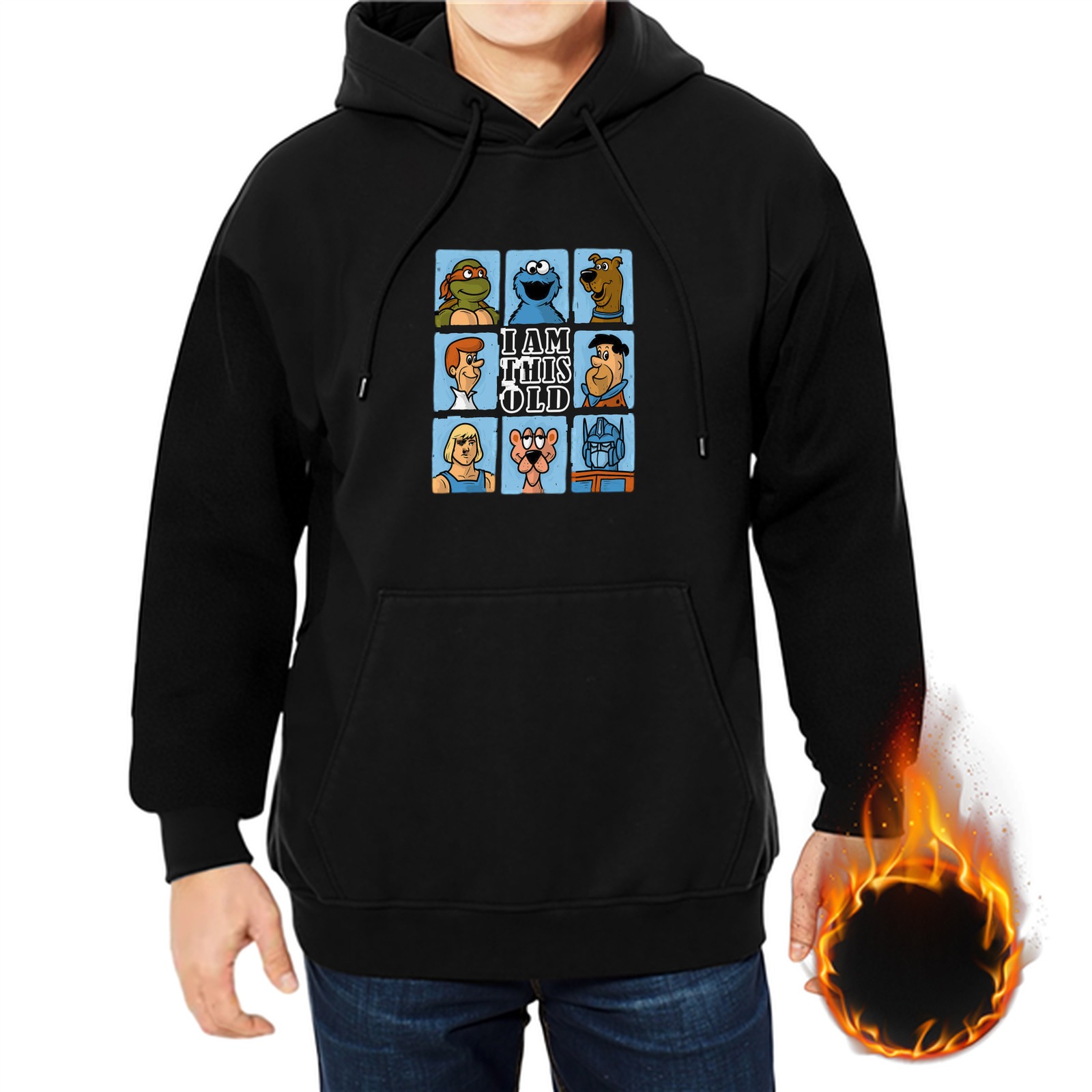 Black hoodie with retro 90s cartoon character grid print