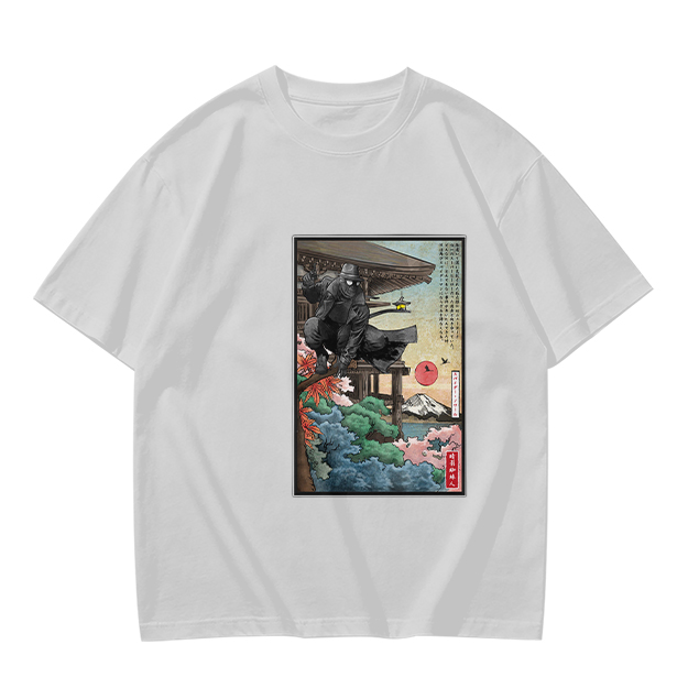 Olive T-Shirt with Ukiyo-e Style Samurai Warrior Print