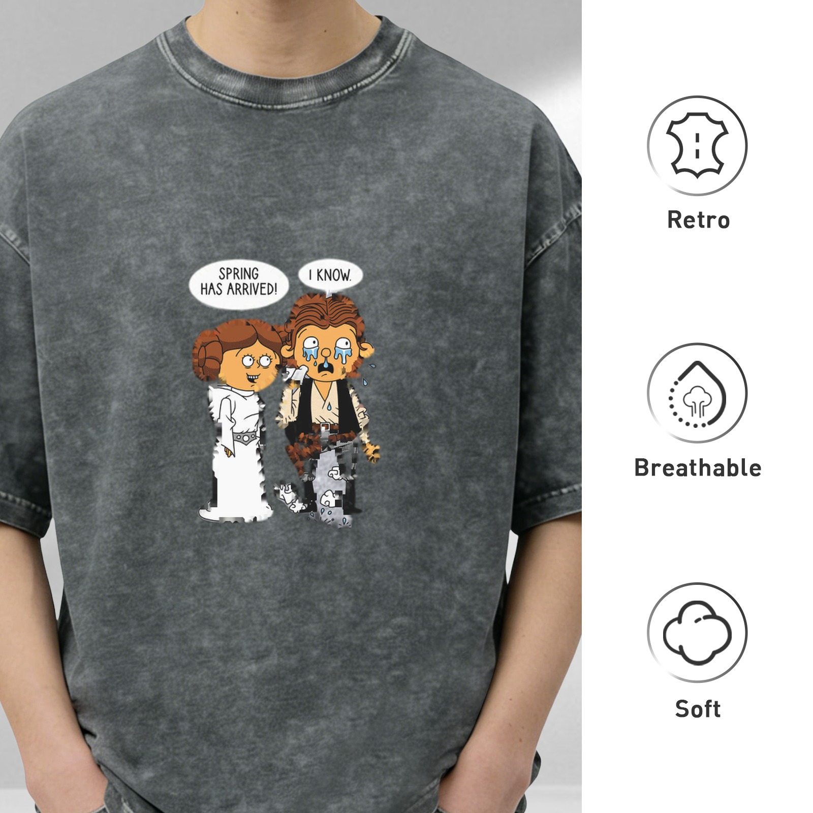 Washed Graphic T-Shirt with Star Wars Parody Spring Arrival Quote