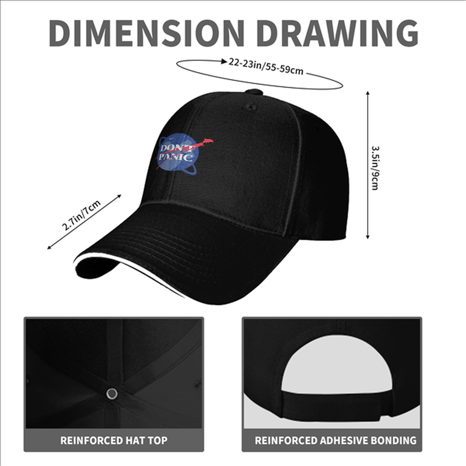 Black baseball cap with Don't Panic NASA-style space graphic