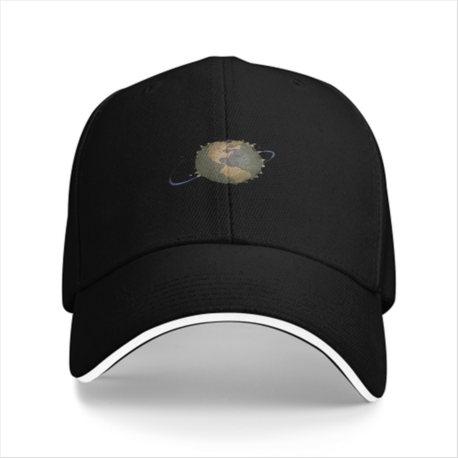 Black baseball cap with stylized Earth graphic print