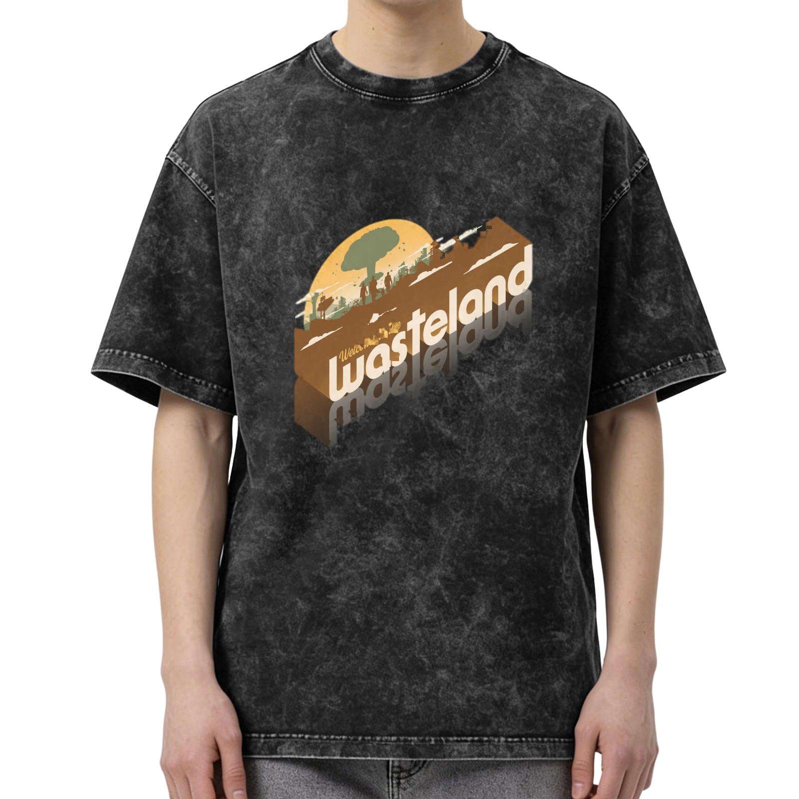 Oversized Acid Wash T-Shirt with Wasteland Graphic Print