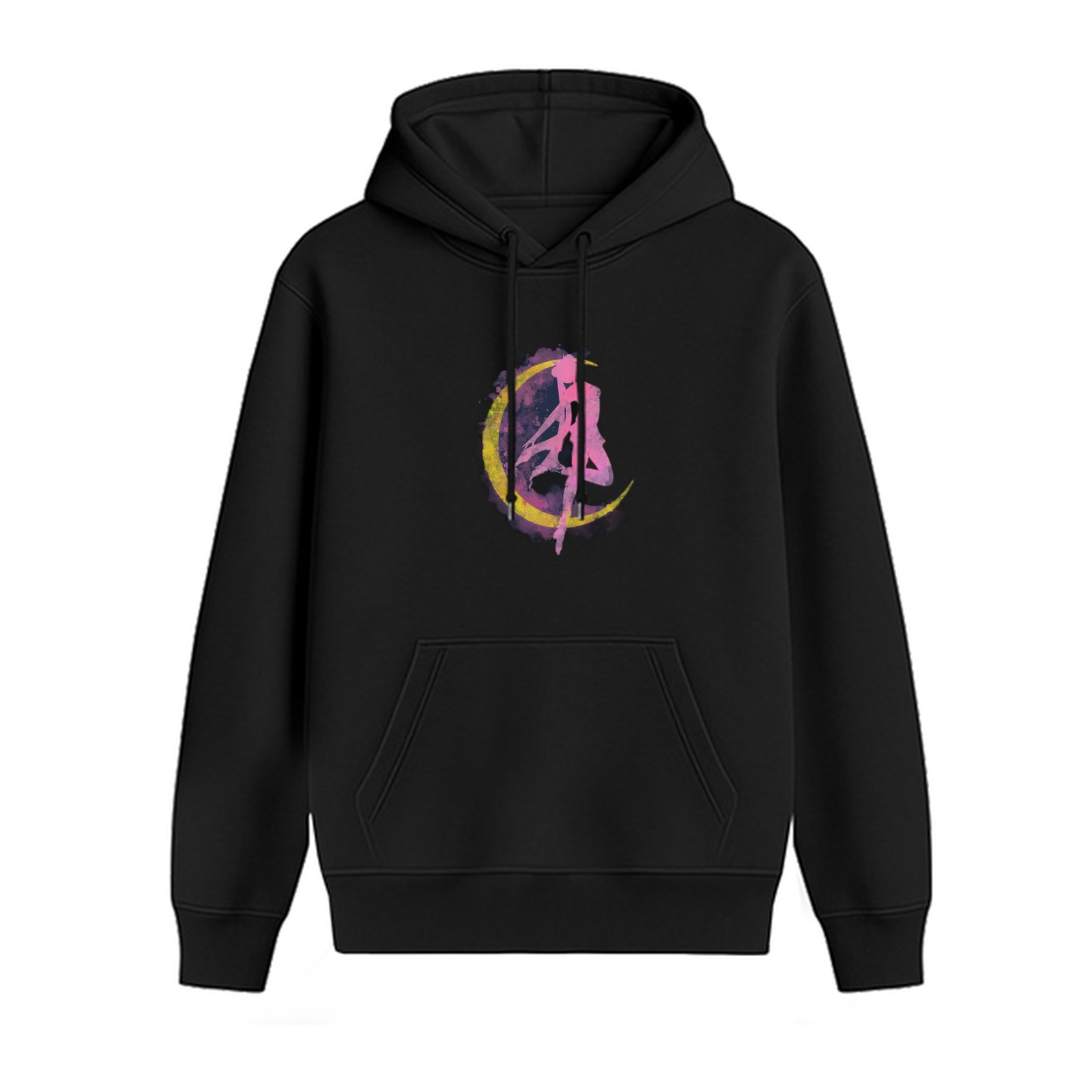 Black Hoodie With Crescent Moon And Pink Symbol Graphic