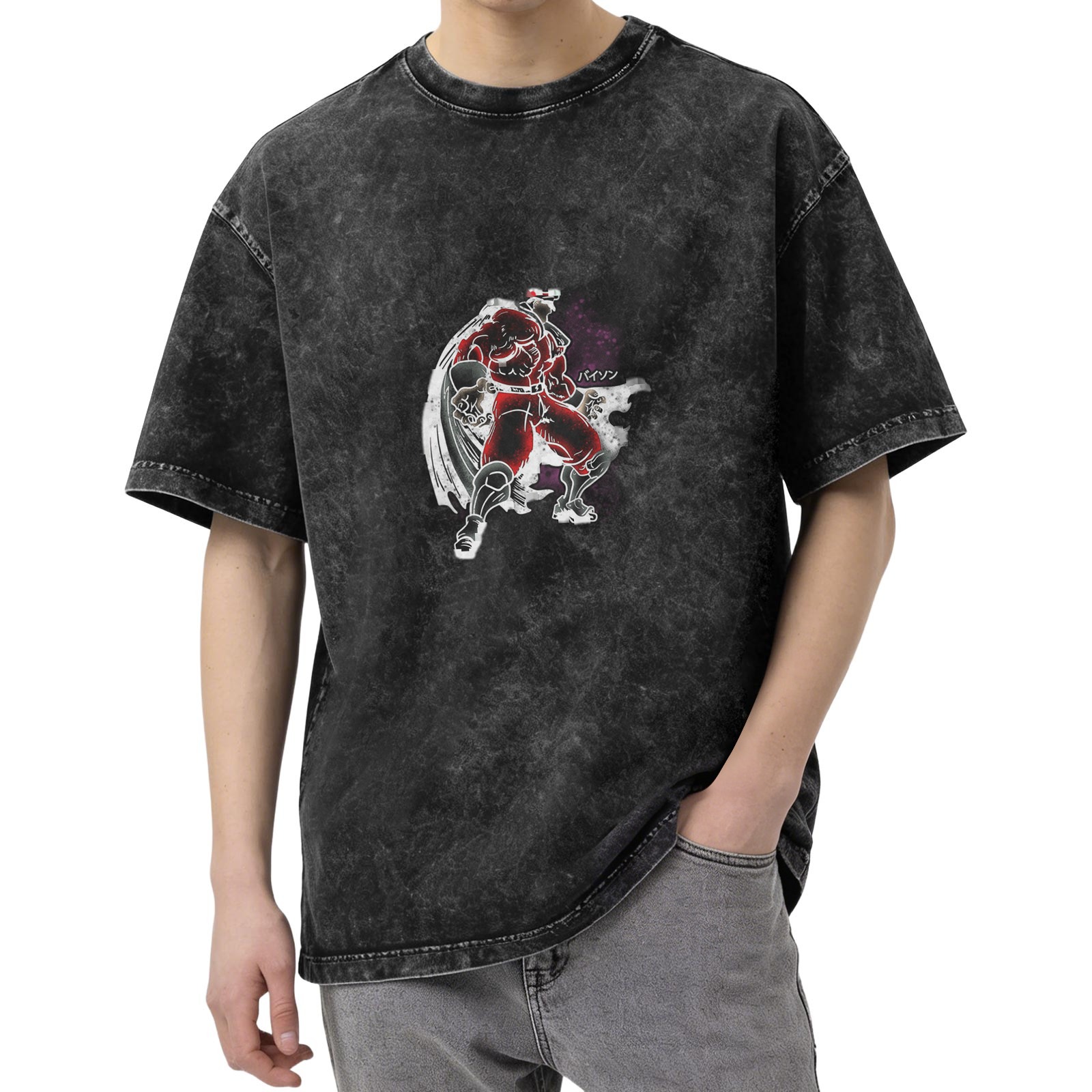 Oversized dark washed graphic t-shirt with anime villain print
