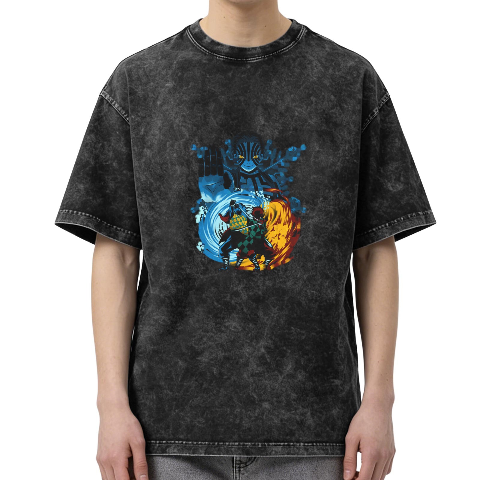 Oversized Washed Anime Demon Slayer Battle Graphic T-Shirt