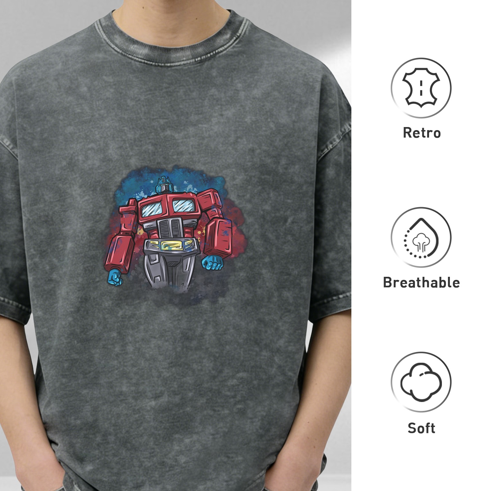Washed Black T-Shirt With Retro Robot Graphic Print