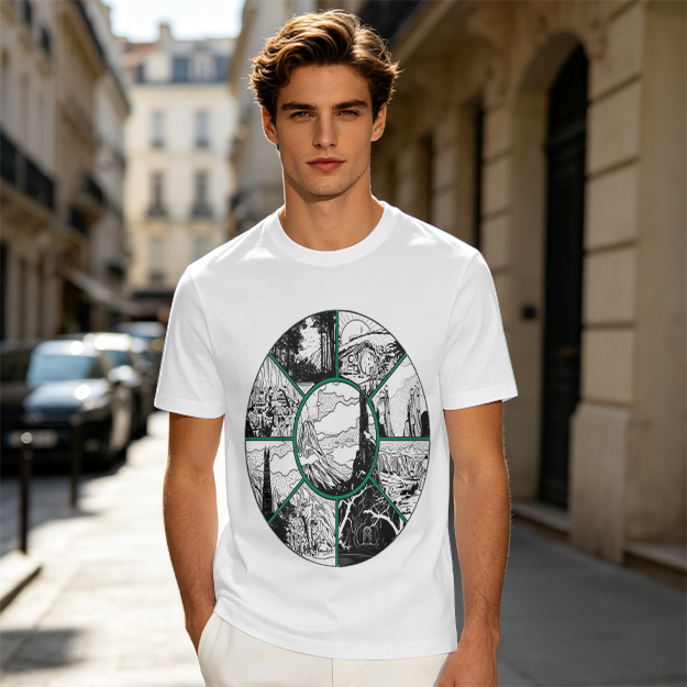 Olive Green T-Shirt With Circular Fantasy Landscape Art Print