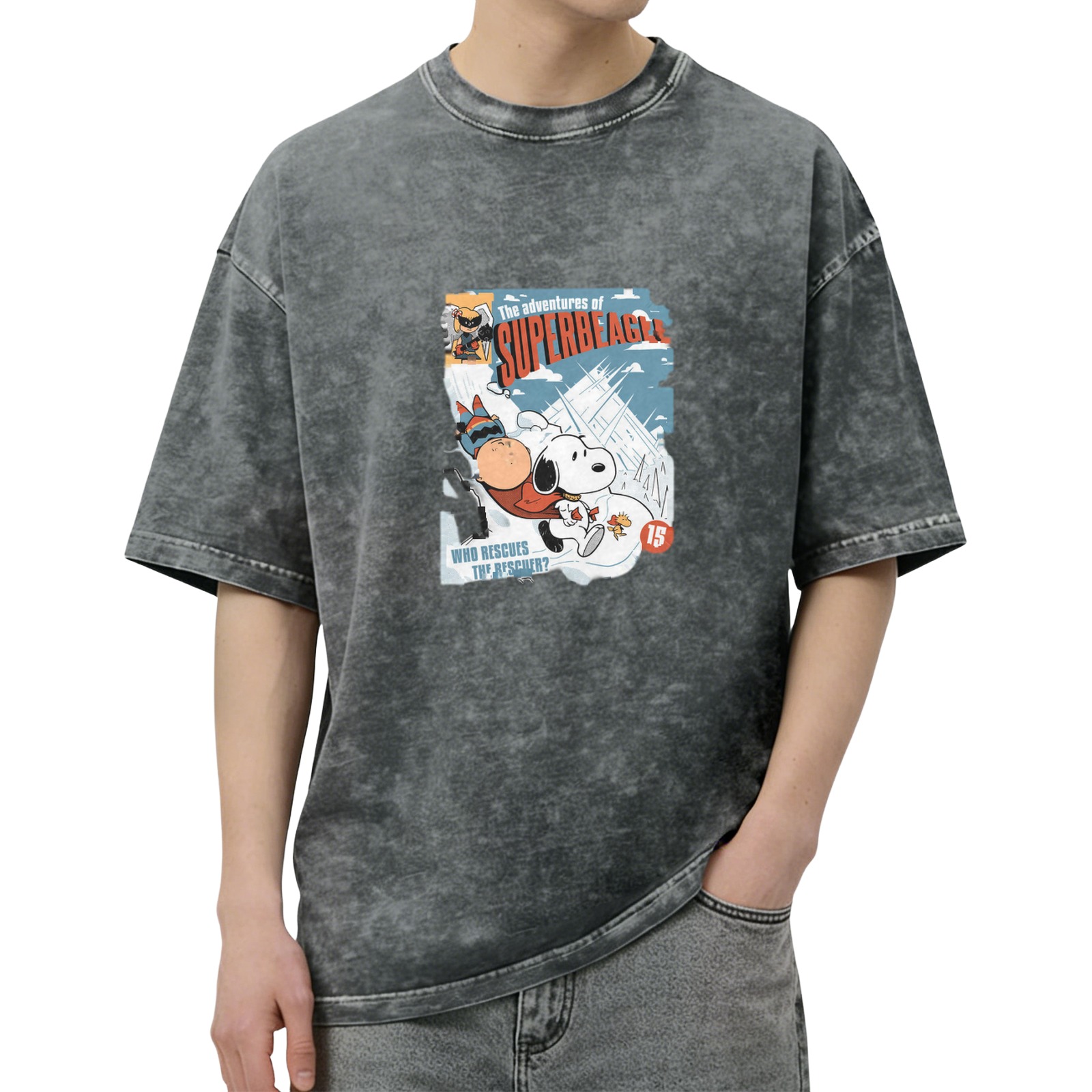 Snoopy Superbeagle Comic Print Oversized Acid Wash T-Shirt