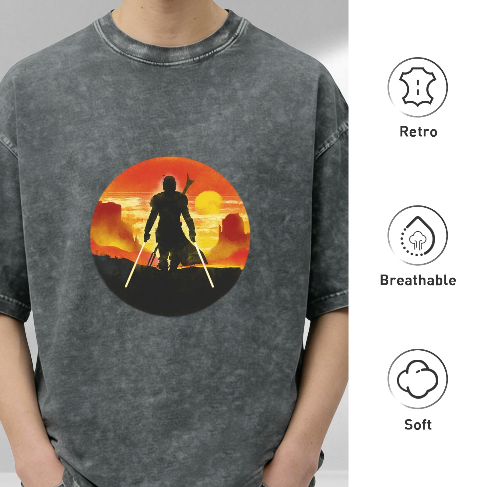 Washed Black T-Shirt with Mandalorian Sunset Silhouette Print