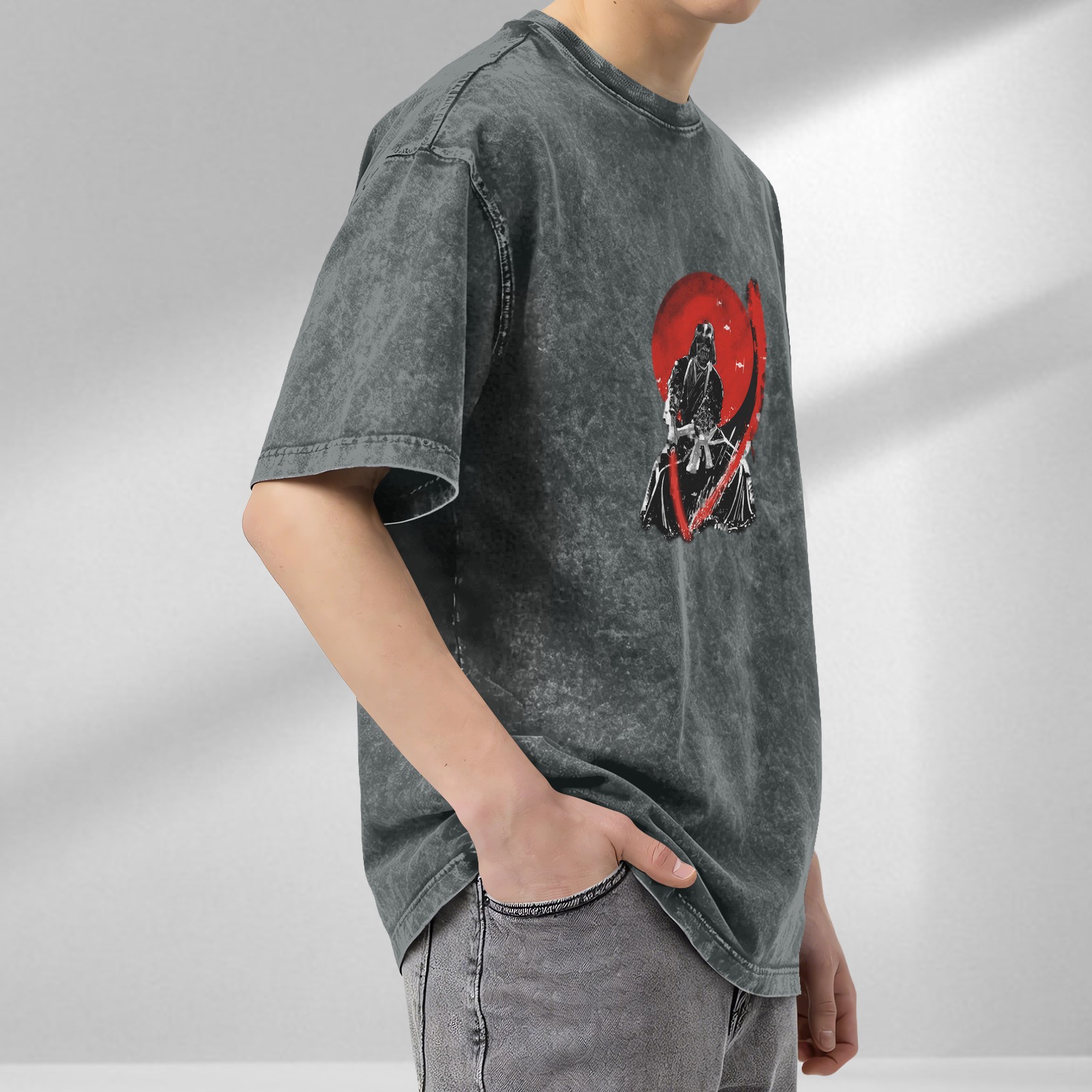 oversized acid wash t-shirt with samurai warrior red sun graphic