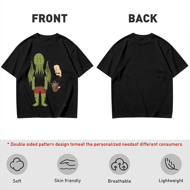 Olive T-Shirt Featuring Cthulhu and Beavis in Suits Graphic