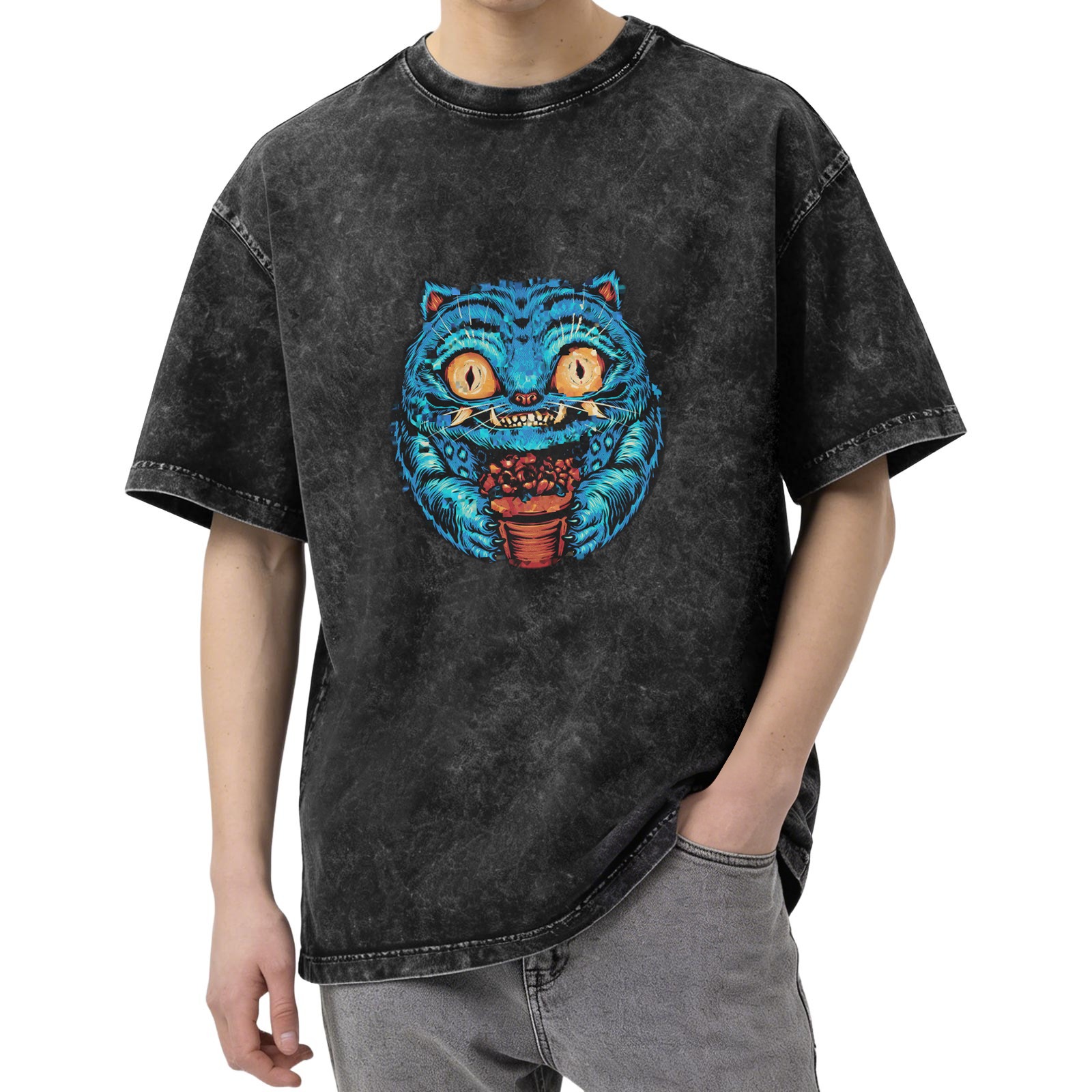 Washed Black Oversized T-Shirt With Blue Cheshire Cat Graphic