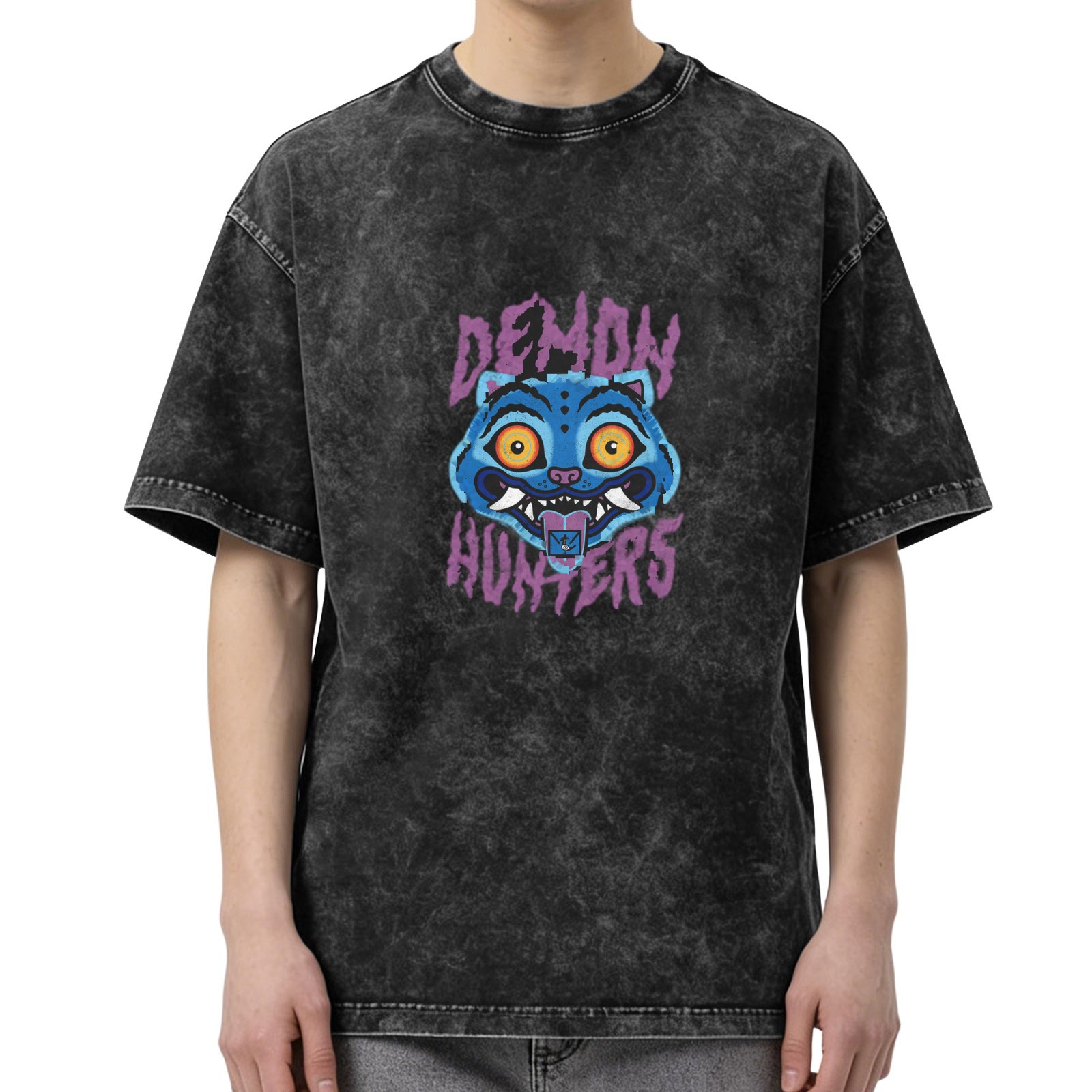 Distressed washed black Demon Hunter themed printed short-sleeved T-shirt